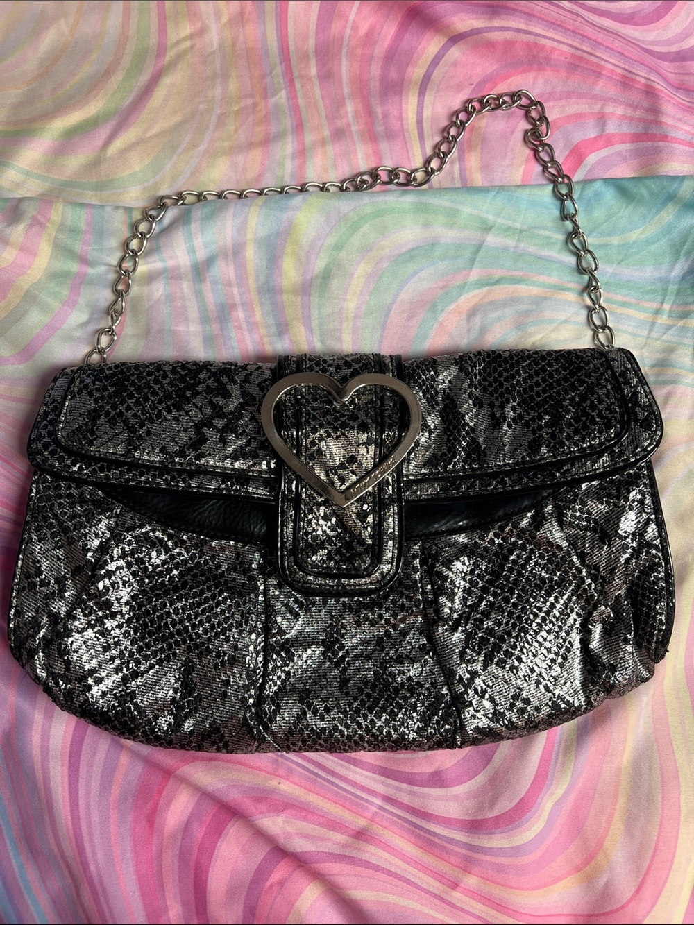 Betsey Johnson Black Metallic Snake-Print Shoulder Bag with Heart Accent